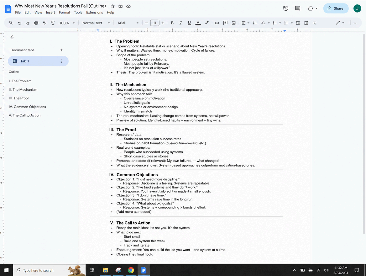 Long-form outline with problem, mechanism, proof, objections, and CTA