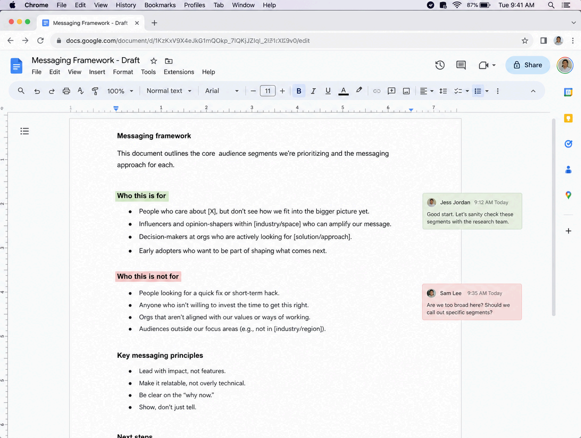 Messaging framework document with 'who this is for' and 'who this is not for' sections