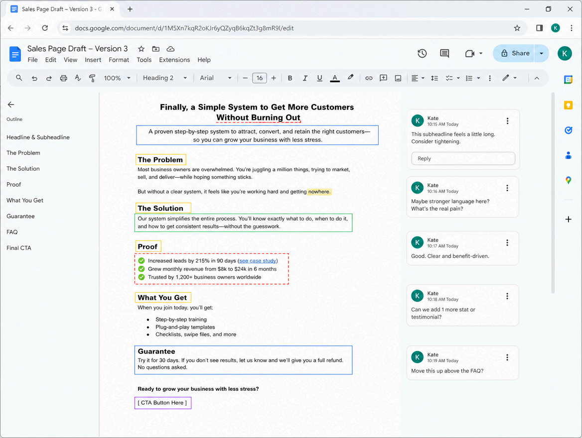 Sales page draft with sections for problem, solution, proof, guarantee, and CTA