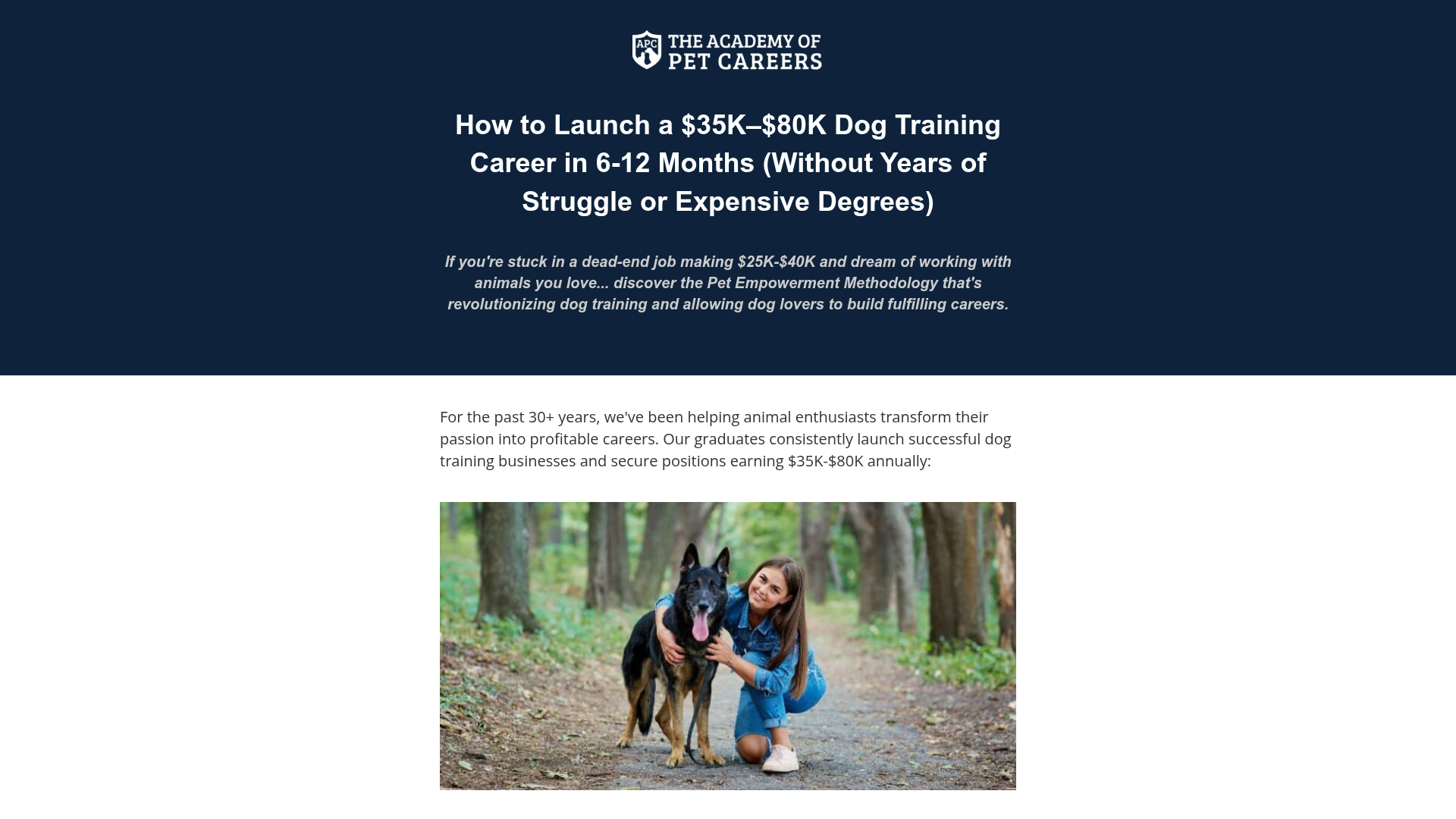 Academy of Pet Careers landing page screenshot
