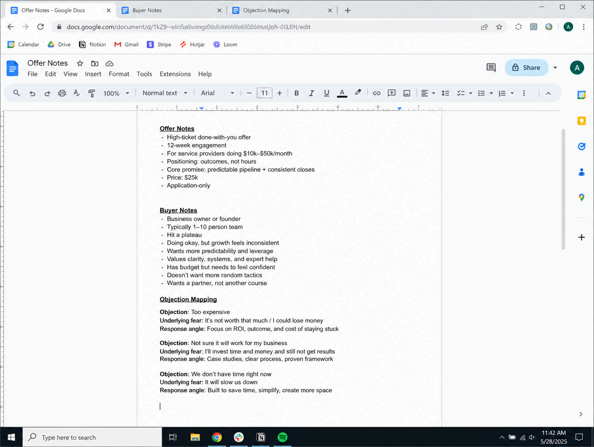 Offer notes, buyer notes, and objection mapping in a Google Doc