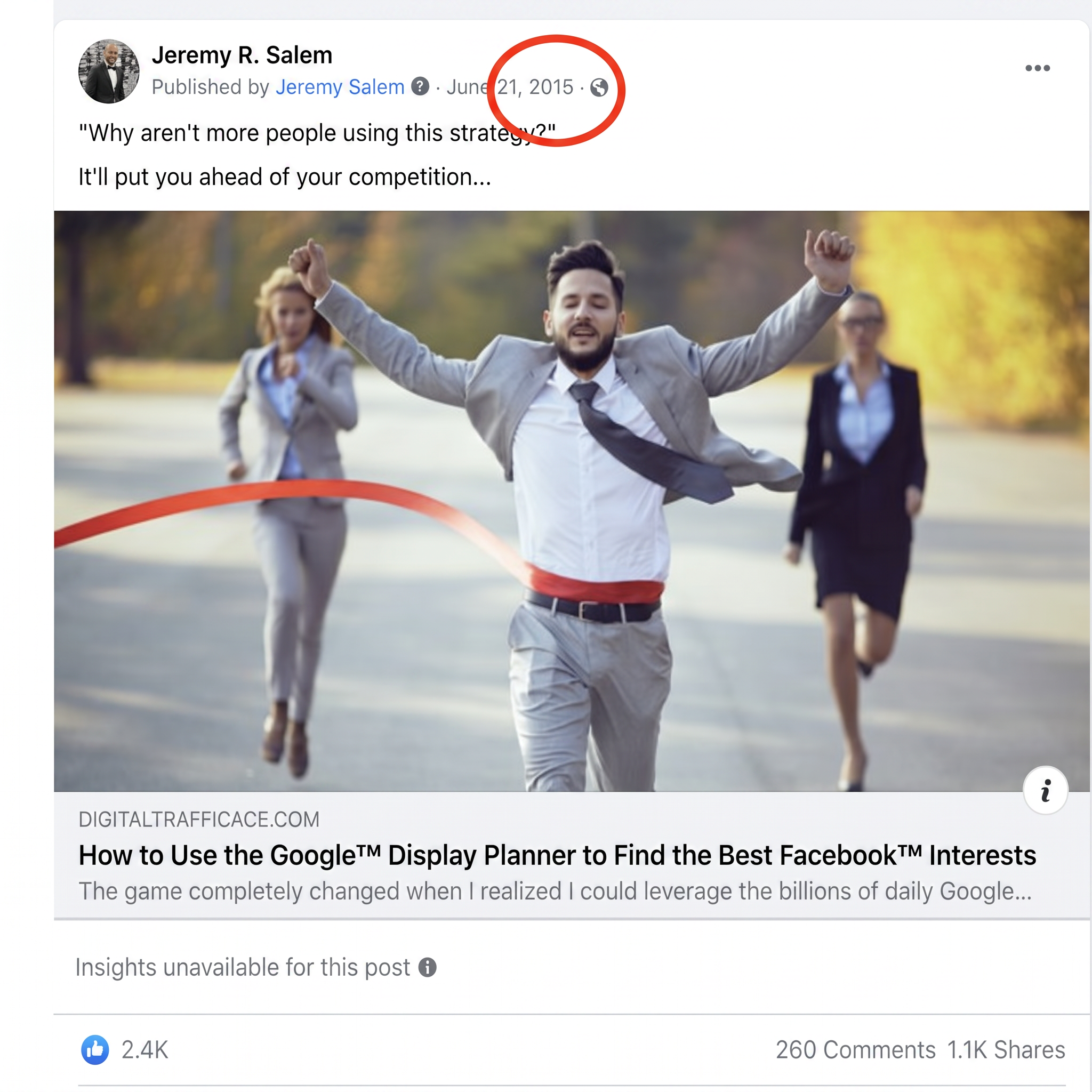 2015 Facebook ad by Jeremy R. Salem linking to the Google Display Planner article, 2.4K reactions, 260 comments, 1.1K shares